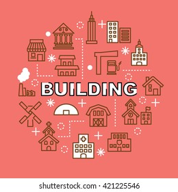 building minimal outline icons, vector pictogram set