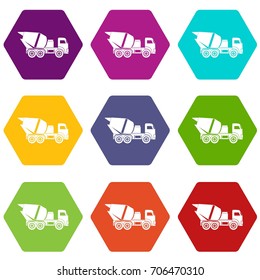 Building mixer for concrete icon set many color hexahedron isolated on white vector illustration