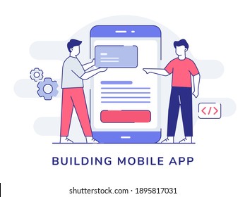 building mobile app character collaboration programmer developer around big smartphone with outline style