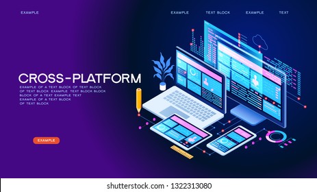 Building Mobile Interface On Screen Of Laptop, Smartphone, Tablet. Developers Use Software On Multiple Devices.Cross-platform Software. 3d Isometric Vector Illustration.