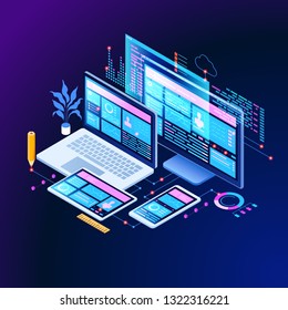 Building Mobile Interface On Screen Of Laptop, Smartphone, Tablet. Developers Use Software On Multiple Devices.Cross-platform Software. 3d Isometric Vector Illustration.