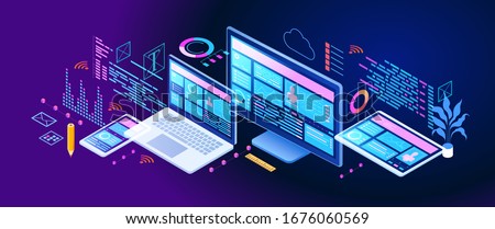 Building mobile interface on screen of laptop, smartphone, tablet. Developers use software on multiple devices.Cross-platform software. 3d isometric vector illustration.