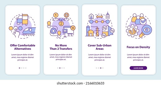 Building mobility services onboarding mobile app screen. Transport walkthrough 4 steps editable graphic instructions with linear concepts. UI, UX, GUI template. Myriad Pro-Bold, Regular fonts used