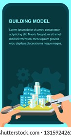 Building Model Website Banner Vector Template. 3d Cityscape Mobile App Page. Hand Holding Graphics Tablet with Skyscraper. Housing Complex, Text Space, Frame. Architecture Company Web Banner Concept