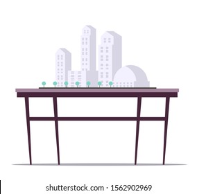 Building models on stand flat illustration. High rise condominium miniature vector clipart. Apartment buildings isolated design element. Construction project, architectural design. Real estate agency