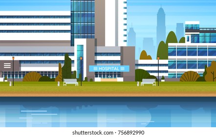 Building Of Modern Hospital Clinic Exterior Flat Vector Illustration