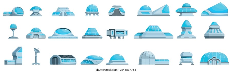 Building moon base icons set. Set of space colony buildings representing futuristic architecture for human outpost on other planets