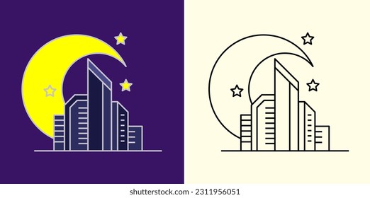 Building and moon symbol design set. Tower icon flat line concept graphic vector. Editable stroke