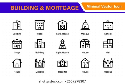 Conjunto de iconos de construcción e hipoteca. Incluye casa, bienes raíces, banco, contrato hipotecario, préstamo de propiedad, seguro de vivienda e iconos de ejecución hipotecaria. Icono de Vector sólido colección.