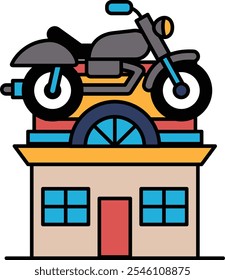 A building with a motorcycle on top of it. The building is a garage. The motorcycle is black and silver