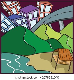 building and mountain vector with huts