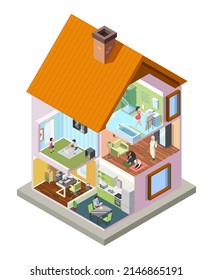 Building with neighbors. Multistory building various stages with people living rooms crossection garish vector house isometric