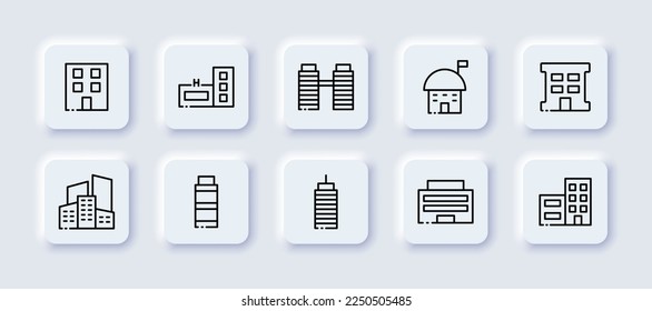 Juego de iconos de línea neomórficos. Neomorfismo, apartamento, construcción, habitación, nuevo edificio, oficina, torres gemelas, edificio, metrópolis, inmobiliaria, piso, fachada, negocio. Conjunto de iconos de la línea negra del vector