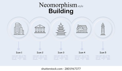 Building neomorphism set icon. Corporate skyscraper, classical courthouse, eastern pagoda, suburban residence, coastal lighthouse, architectural construction, urban landmark symbols.