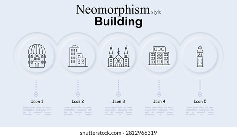 Building neomorphism set icon. Domed palace, residential tower, religious cathedral, apartment complex, historic monument, architectural construction, urban skyline, municipal infrastructure symbols