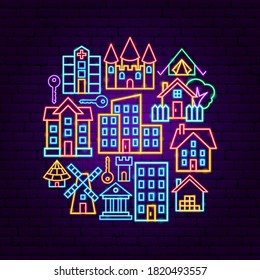 Neonkonzept aufbauen. Vektorgrafik der Stadtwerbung.