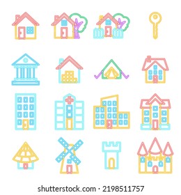 Construyendo Iconos De Neón Aislados. Ilustración vectorial de la brillante lámpara de pie brillante sobre los símbolos blancos.