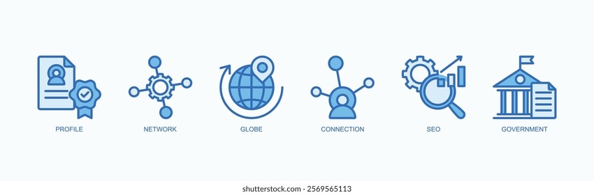 Building Networks, Connections, And Global Influence Icon Set Isolated Vector Illustration Concept With Icon Of Profile, Network, Globe, Connection, Seo, Government In Blue Style