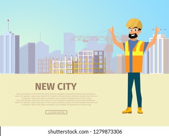 Building New City Flat Vector Web Banner with Happy Smiling Builder in Uniform and Helmet Showing Thumbs up Hand Sign on City Construction Site Background. Construction Company Landing Page Template