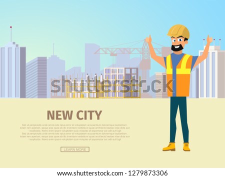 Building New City Flat Vector Web Banner with Happy Smiling Builder in Uniform and Helmet Showing Thumbs up Hand Sign on City Construction Site Background. Construction Company Landing Page Template