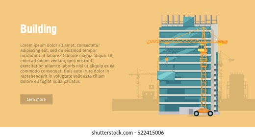 Building new contemporary glass house. Unfinished building with yellow truck crane on wheels in front of, high holding heavy glass element. Flat design. Orange background. Vector illustration