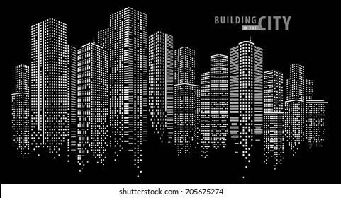 Edificio en la ciudad nocturna, vector de la ciudad, horizonte de la perspectiva. Vector de arquitectura