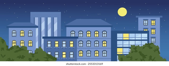 Building at night. Cityscape building night. Apartment house. French building architecture. City landscape night. City skyline. Night skyline. Evening skyscraper.