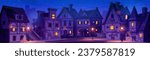 Building in night old medieval germany town street. European ancient city or village landscape with road and mysterious streetlight. Historical cottage exterior and german environment illustration