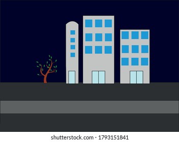 Building, Night, Tree, Street,dark blue