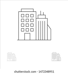 Building, Office, Tower, Head office Bold and thin black line icon set