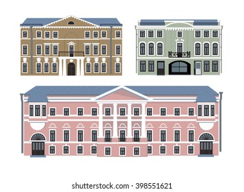 Building of the old town, stone houses with a balustrade, vector illustration