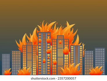 Auf Feuer bauen. Brennendes Gebäude. Wolkenkratzer auf Feuer aus Krieg, Erdbeben, Bombenexplosion. Vektorgrafik.