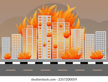 Building on fire. Burning Building. Skyscrapers on Fire from War, Earthquake, Bomb Explosion. Vector Illustration.