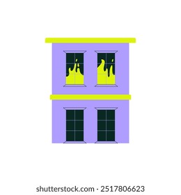 Building on fire with flames visible in the windows, symbolizing fire hazard, emergency situation, and the need for disaster response, flat vector illustration isolated on white background.