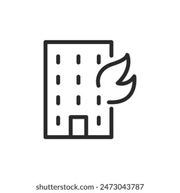 Edificio sobre fuego, icono de estilo lineal. emergencia contra incendios y seguridad del edificio. Ancho de trazo editable
