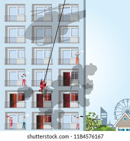 Building on fire with victim on apartment,vector illustration.