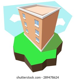 Building on the grass.Blue background.Icon.
