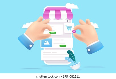 Building an online shop - Hands developing web shop with various user interface elements. Shopping and e-commerce concept. Editable vector illustration.