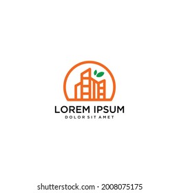 Gebäude und orangefarbenes Vektorlogo