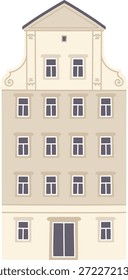 Edifício com gable ornamentado, muitas janelas e porta alta na vista frontal da arte da linha limpa. Símbolo de patrimônio, imobiliário, arquitetura e nostalgia urbana. Ilustração de vetor de desenhos animados.