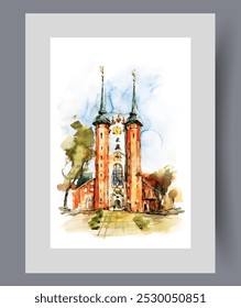 Building of orthodox church in Polish city of Gdansk on wall art. Watercolor artwork. Print with christian religious church in Gdansk under blue summer sky, in frame with decor for poster