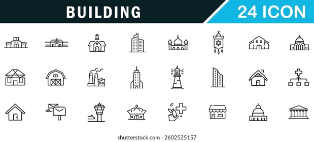 Building outline editable icon set. condo, government, school, church and more