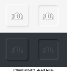 Building outline icon. Neumorphic style button vector iconon black and white background set