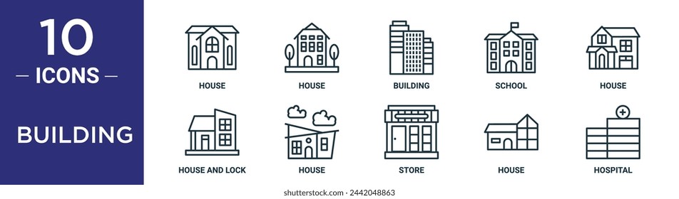 building outline icon set includes thin line house, house, building, school, house, and lock, icons for report, presentation, diagram, web design