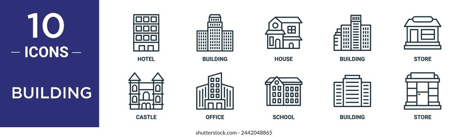 el conjunto de iconos de contorno de edificio incluye hotel de línea delgada, edificio, casa, edificio, tienda, castillo, iconos de oficina para informe, presentación, diagrama, diseño web