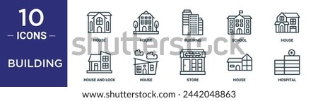 building outline icon set includes thin line house, house, building, school, house, and lock, icons for report, presentation, diagram, web design