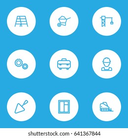 Building Outline Icons Set. Collection Of Gear, Trowel, Stepladder And Other Elements. Also Includes Symbols Such As Cogwheel, Crane, Shovel.