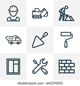 Building Outline Icons Set. Collection Of Tools, Tipper, Construction Works And Other Elements. Also Includes Symbols Such As Excavator, Trowel, Works.