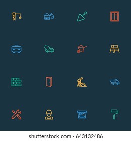 Building Outline Icons Set. Collection Of Tower Crane, Excavator, Construction Works And Other Elements. Also Includes Symbols Such As Shovel, Ladder, Tower.