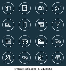 Building Outline Icons Set. Collection Of Bulldozer, Wheelbarrow, House And Other Elements. Also Includes Symbols Such As Truck, Cement, Repair.